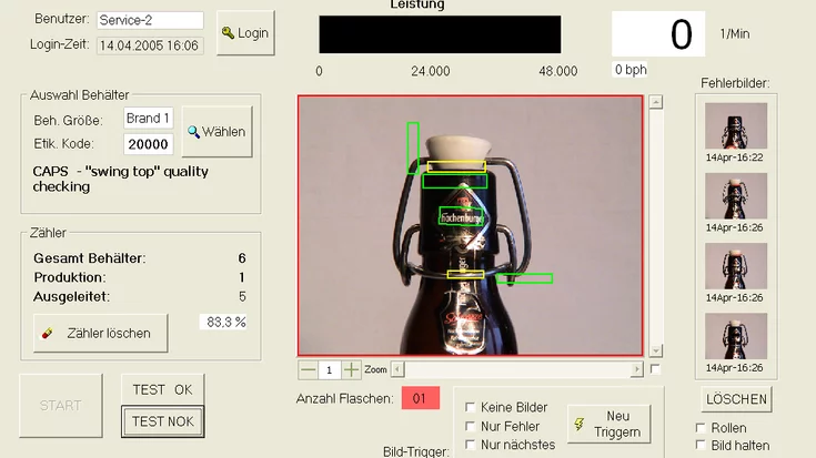 Machine vision system inspecting swing-cap bottles and labels during high-speed quality control.