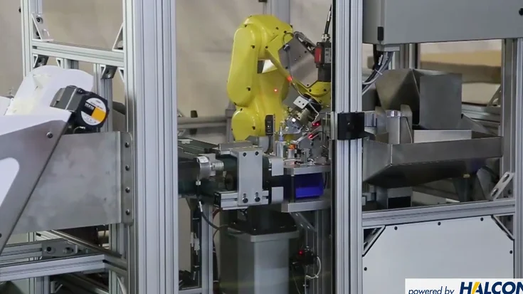 3D vision guided robotic assembly system using HALCON to determine position and orientation of parts from 3D point cloud data for automated clip assembly.