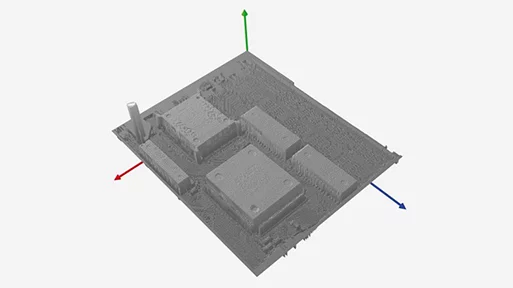 3D output of a circuit board with height profile, generated through 3D measurement in HALCON.