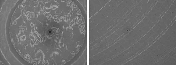 A series of images showing the top and bottom views of drilled holes in plastic parts captured by machine vision.