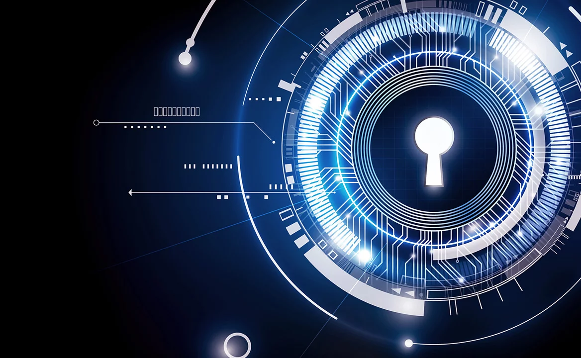 Abstract digital security graphic with a glowing keyhole icon surrounded by blue circuit lines and interface elements.