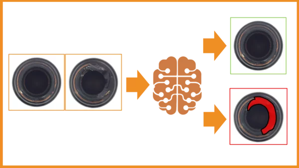 The image shows bottle necks being inspected for defects using deep learning and anomaly detection. Anomalies such as deformed or defective bottle necks are identified and localized by the technology.