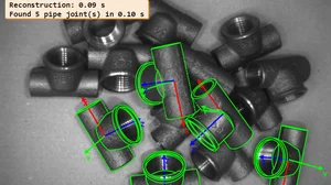 Pipe joint detection with 3D pose estimation overlays with MVTec HALCON.