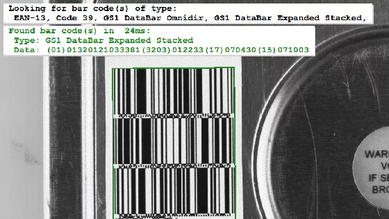 GS1 DataBar is detected reliably by MVTec software, even with varying orientation and small module size.
