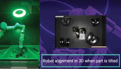 Robot alignment in 3D using shape-based matching to detect and localize parts even when tilted.